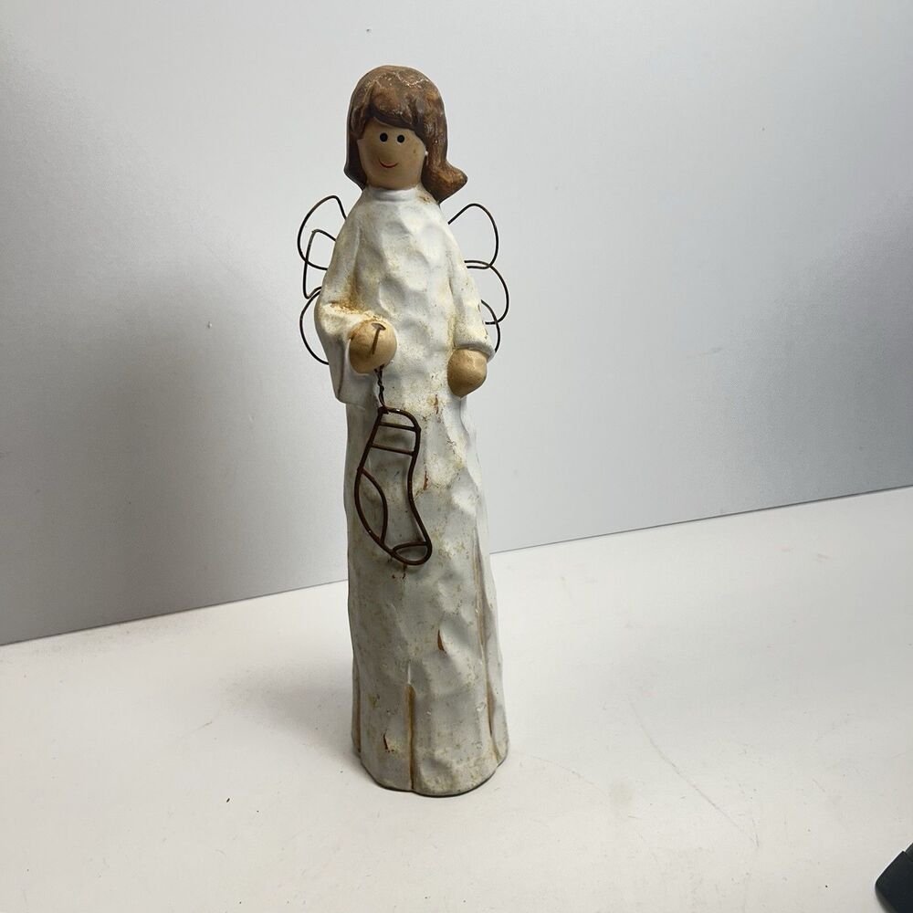 Vintage Primitive Folk Art Angel Figurine Wire Wings Holding Stocking Ceramic